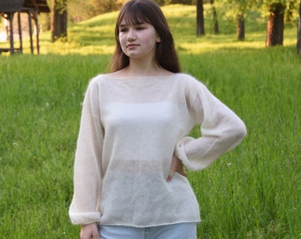 Ivory Mohair Sweater Fluffy Sweater Bridal Mohair Silk Sweater Knitted Jumper Handknitted soft sweater wide sleeves Oversize women pullover