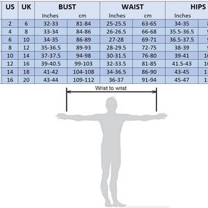 May include: A size chart table with columns for US and UK sizes, bust, waist, and hip measurements in inches and centimeters. Below the table is a grey silhouette of a person standing with arms outstretched, labeled with a wrist to wrist measurement line.