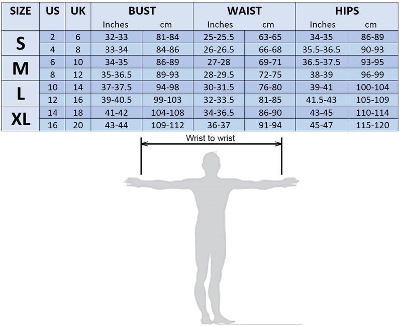 May include: A size chart table with columns for US and UK sizes, bust, waist, and hip measurements in inches and centimeters. Below the table is a grey silhouette of a person standing with arms outstretched, labeled with a wrist to wrist measurement line.
