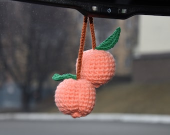 1 or 2 Crochet peach toy Car rear view mirror amigurumi crochet fruit peach Car hanging charm Rearview car charm new driver gift for her