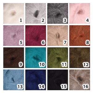 May include: A grid of sixteen skeins of fuzzy, mohair-style yarn in various colors, each labeled with a white number from 1 to 16. The colors include white, gray, black, pink, purple, red, beige, brown, teal, olive green, blue, and dark navy.