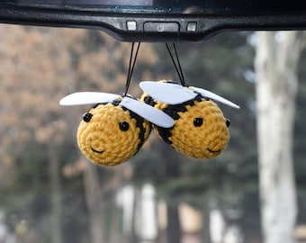 1 or 2 Crochet bee toy Car rear view mirror Tiny bee Car hanging charm Rearview car charm Soft Bumble bee kawaii new driver gift for him