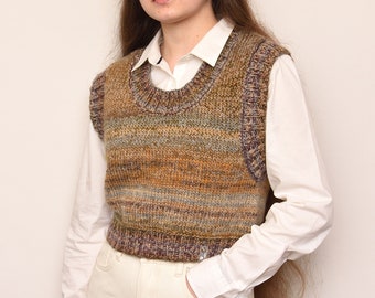 Hand knit Vest women knitwear crop vest women sweater vest hand knit sweater cropped vest brown beige golden crop jumper knitted sweater