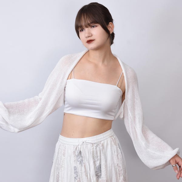 White 100% cotton bolero bridal shawl knit shoulder wrap shrug wedding bolero summer jacket sweater loose cardigan women bridesmaid coverup