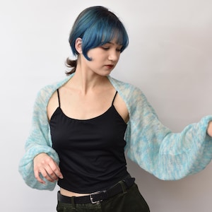 Baby alpaca, kid mohair bolero bridal shawl knit shoulder wrap shrug wedding extra thin jacket sweater loose cardigan bridesmaid coverup 3991 Aquamarine Blue