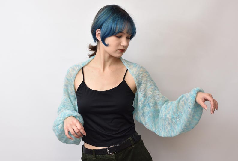 Baby alpaca, kid mohair bolero bridal shawl knit shoulder wrap shrug wedding extra thin jacket sweater loose cardigan bridesmaid coverup 3991 Aquamarine Blue
