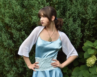 Witte gebreide schouderophalen met 3/4 mouwen, lichtgewicht zomerbolero, minimalistische open gebreide cover-up voor jurken, handgemaakte bruidsomslag, vrouwen shrag
