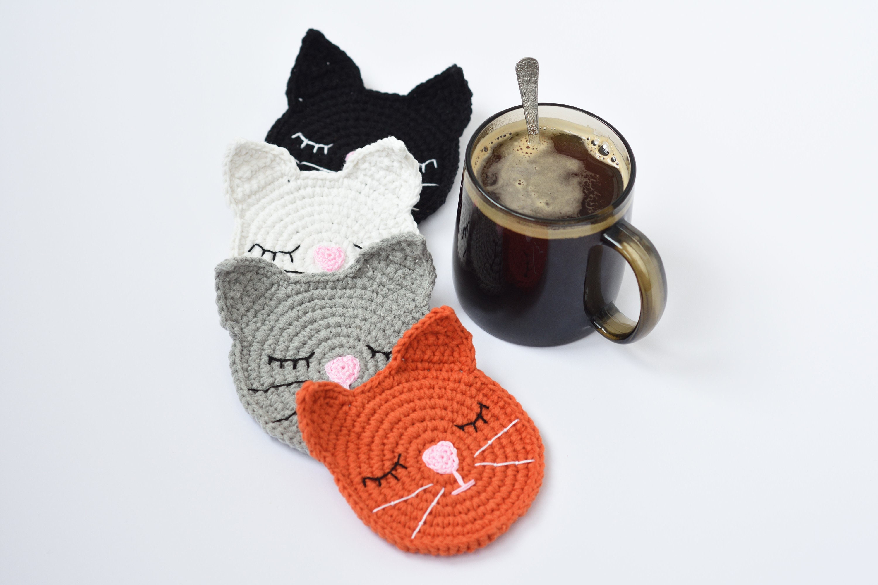 Cat Face Coaster Set Crochet Cat Head Coaster Cat Lover -  Sweden