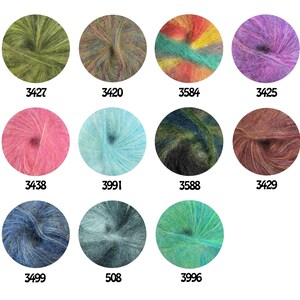 May include: Eleven circular skeins of fuzzy yarn in various colors labeled with numbers 3427, 3420, 3584, 3425, 3438, 3991, 3588, 3429, 3499, 508, and 3996. The yarn displays a soft, brushed texture with solid, variegated, and blended color patterns.