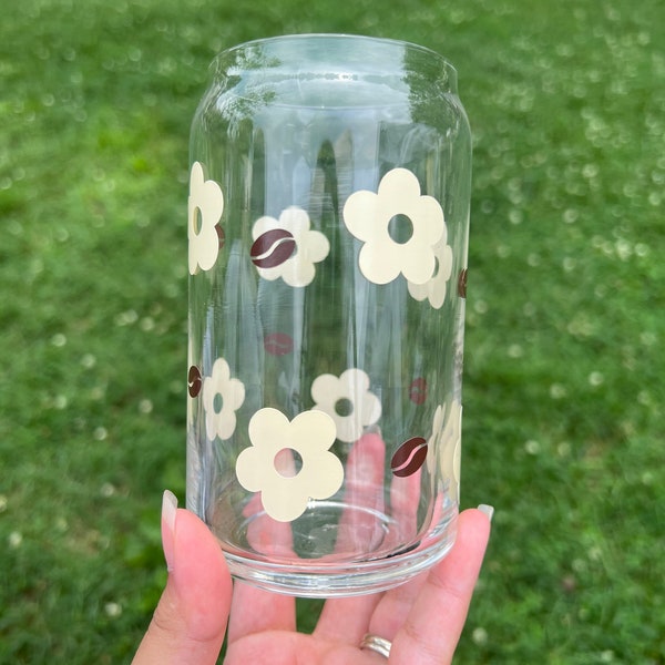 Daisies and Coffee Beans Glass Mug | Cappuccino Glass Mug