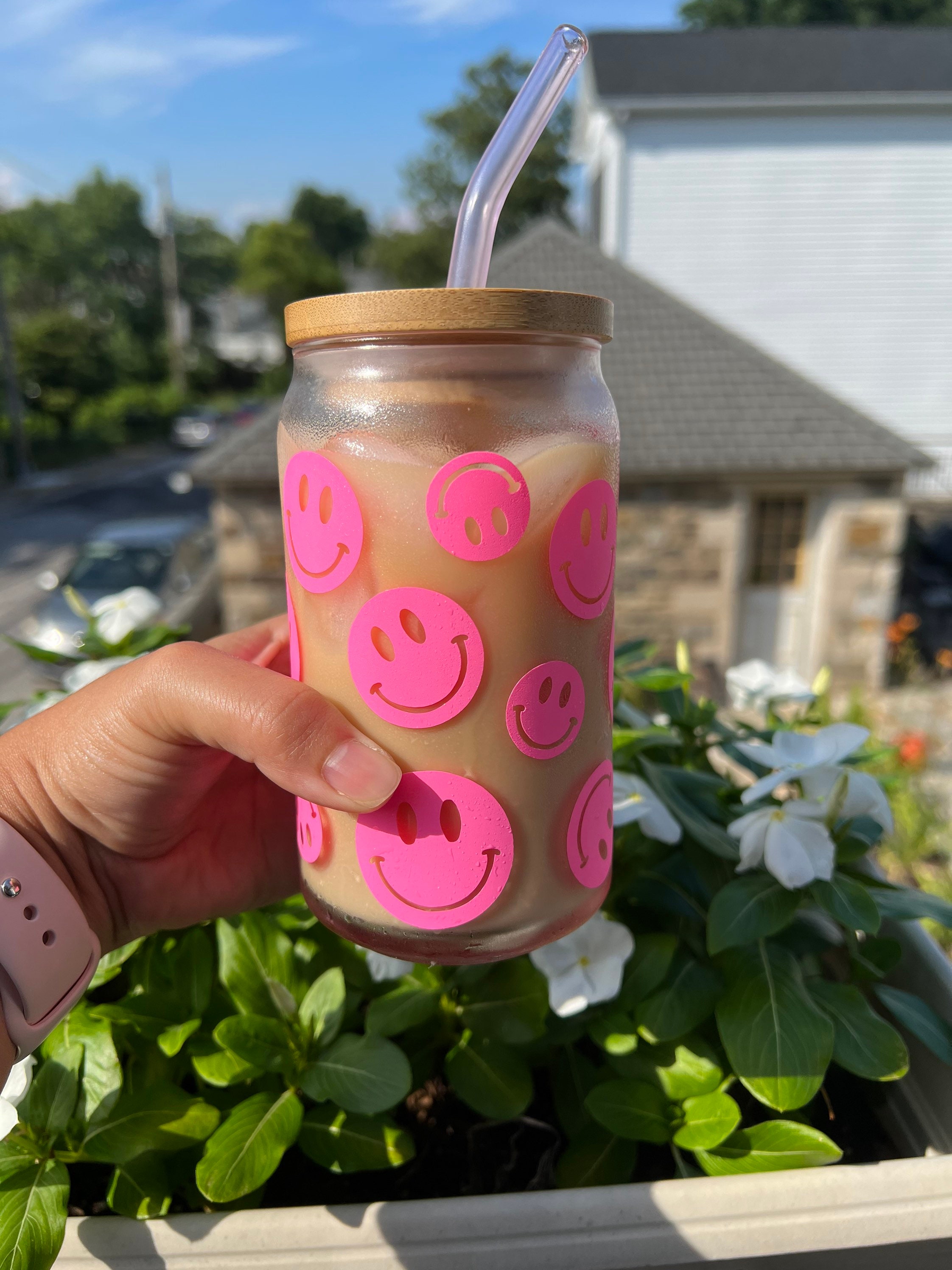 Preppy Hot Pink Smiley Face Glass Cup | Preppy Coffee Lover Hot Pink Glass  Cup