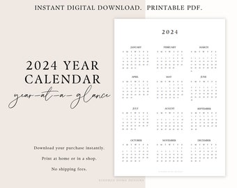 2024 Printable Yearly Calendar, Year at a Glance, One Page, Portrait, Minimalistic, Planner, Simple, PDF, 12 month, Annual View