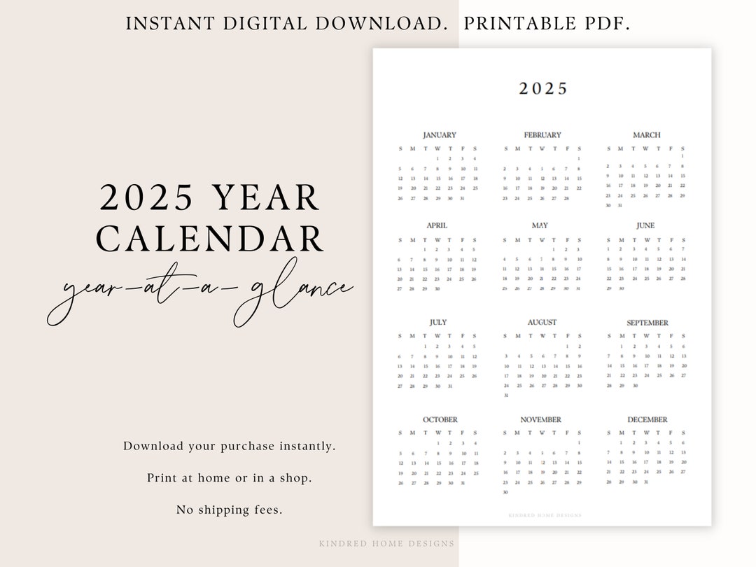2025 Printable Yearly Calendar, Year at a Glance, One Page, Portrait