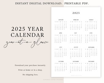 2025 Printable Yearly Calendar, Year at a Glance, One Page, Portrait, Minimalistic, Planner, Simple, PDF, 12 month, Annual View