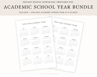 Printable Academic School Year Calendar Bundle, 2023, 2024, 2025, Year at a Glance, Portrait, Minimalistic Planner Simple Homeschool Student