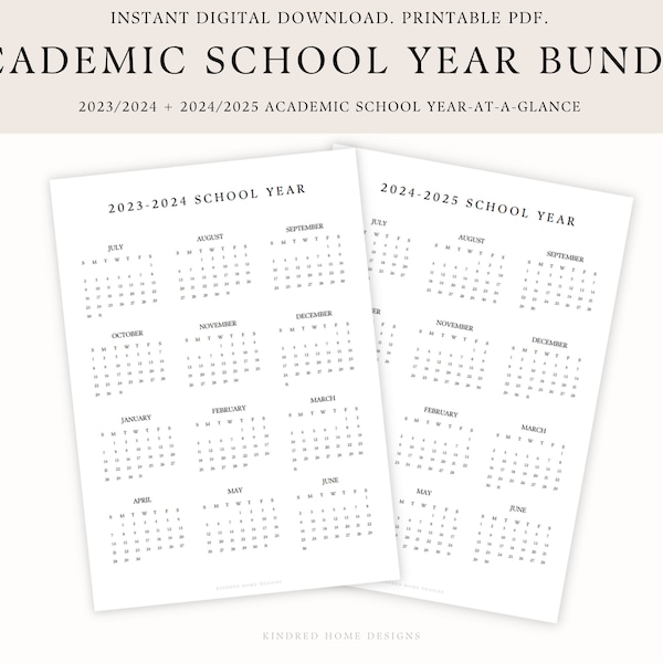 Printable Academic School Year Calendar Bundle, 2023, 2024, 2025, Year at a Glance, Portrait, Minimalistic Planner Simple Homeschool Student