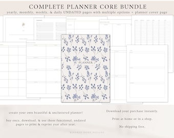 Complete Planner Bundle Instant Download, Undated, Year, Month, Week, Day, To-Do, Priorities, Blue Floral Cover, Create Own Simple Calendar