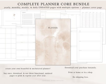 Complete Planner Bundle Instant PDF Download, Undated, Year, Month, Week, Day, To-Do, Priorities, Watercolor Cover, Create Your Own Calendar