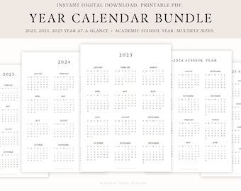 2023 2024 2025 Printable Yearly Calendars Bundle, School, Academic, Year at a Glance, Portrait, Minimalistic, Planner, Simple, Homeschool