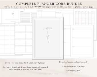 Complete Planner Bundle Instant PDF Download, Undated, Year, Month, Week, Day, To-Do, Priorities, Neutral Cover, Create Your Own Calendar