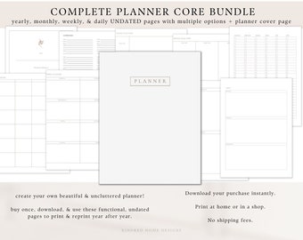 Complete Planner Bundle Instant Download, Undated, Year, Month, Week, Day, To-Do, Priorities, White Modern Cover, Create Your Own Calendar