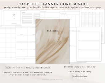 Complete Planner Bundle Instant Download, Undated, Year, Month, Week, Day, To-Do, Priorities, Modern Beige Cover, Create Your Own Calendar