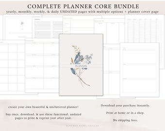 Complete Planner Bundle Instant Download, Undated, Year, Month, Week, Day, To-Do, Priorities, Floral Bouquet Cover, Create Your Own Calendar