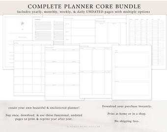 Complete Planner Core Bundle Instant Download, Undated, Year, Month, Week, Day, To-Do List, Priorities Goals, Create Your Own Simple Planner