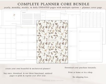 Complete Planner Bundle Instant PDF Download, Undated, Year, Month, Week, Day, To-Do, Priorities, Floral Cover, Create Own Simple Calendar