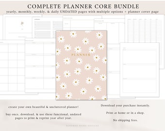 Complete Planner Bundle Instant Download, Undated, Year, Month, Week, Day, To-Do, Priorities, Daisy Flower Cover, Create Own Simple Calendar