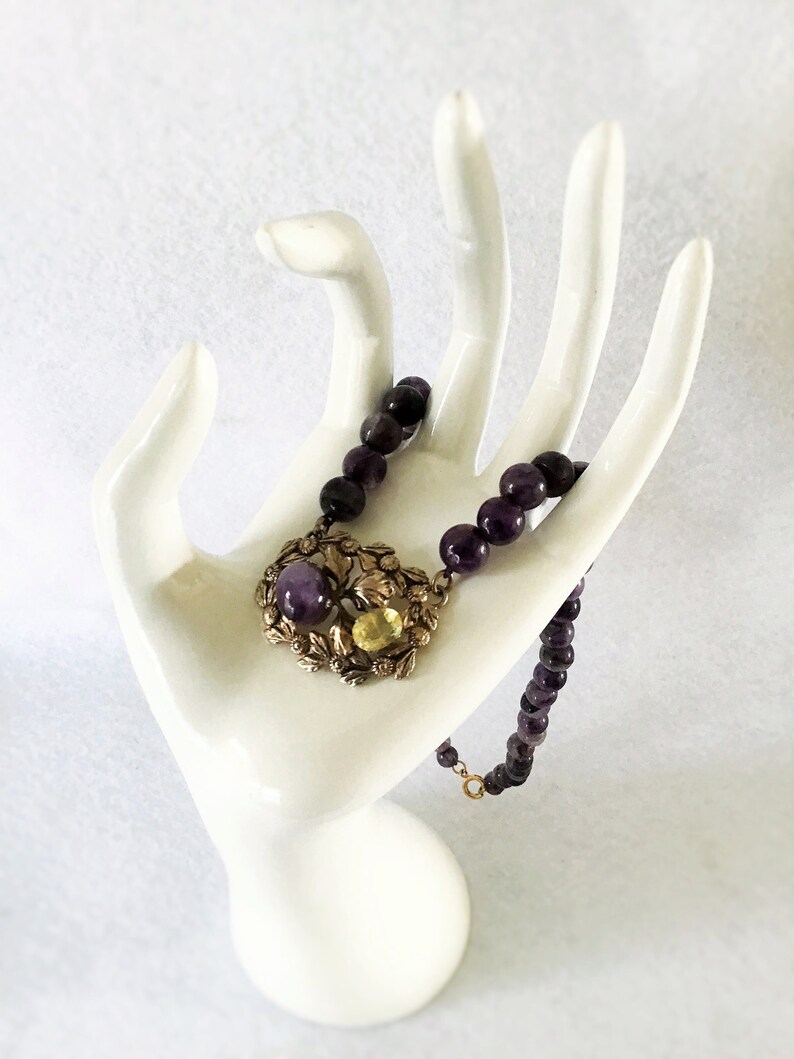Necklace Choker Amethyst And Citrine Bead Genuine Jemstone Necklace Edwardian Lavalier Necklace