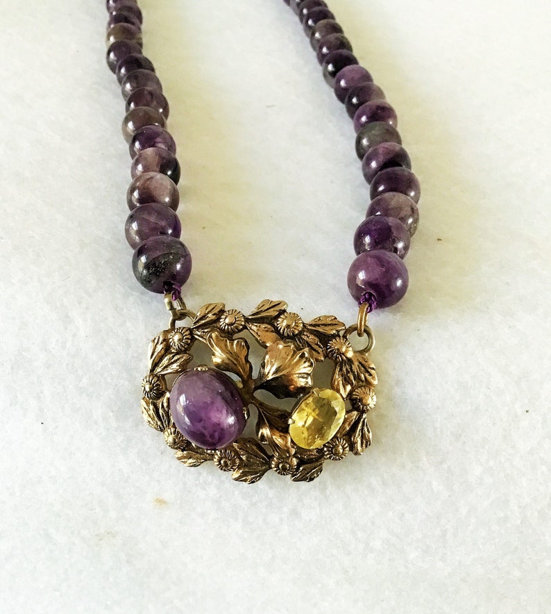Necklace Choker Amethyst And Citrine Bead Genuine Jemstone Necklace Edwardian Lavalier Necklace