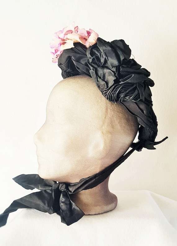 Bonnet Hat Victorian Edwardian Black Satin - image 1