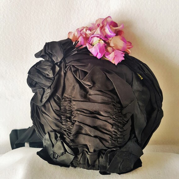 Bonnet Hat Victorian Edwardian Black Satin - image 2