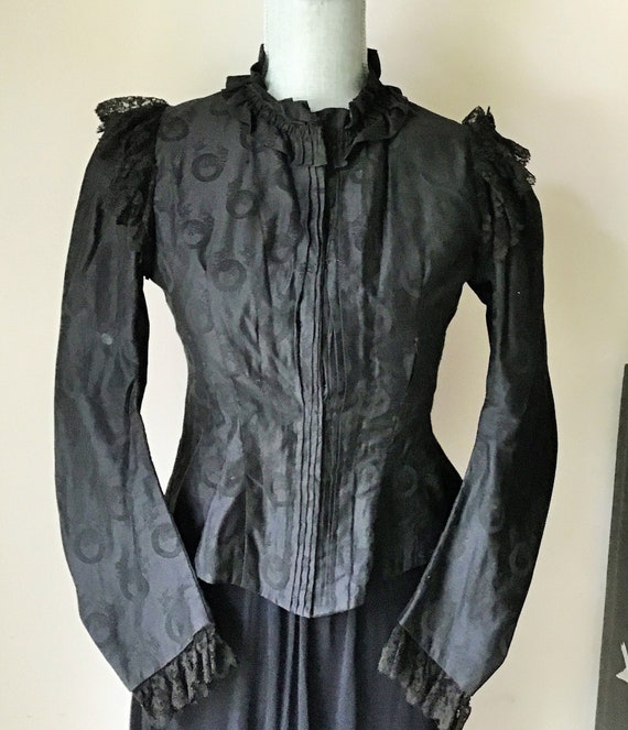 Victorian Waist, Jacket, Black Figured Cotton Mou… - image 1