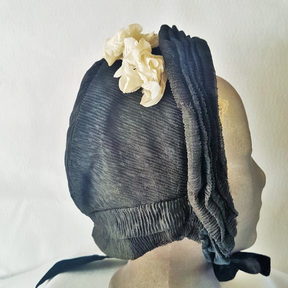 Hat Victorian Black Silk Mourning Bonnet, Lace & … - image 10