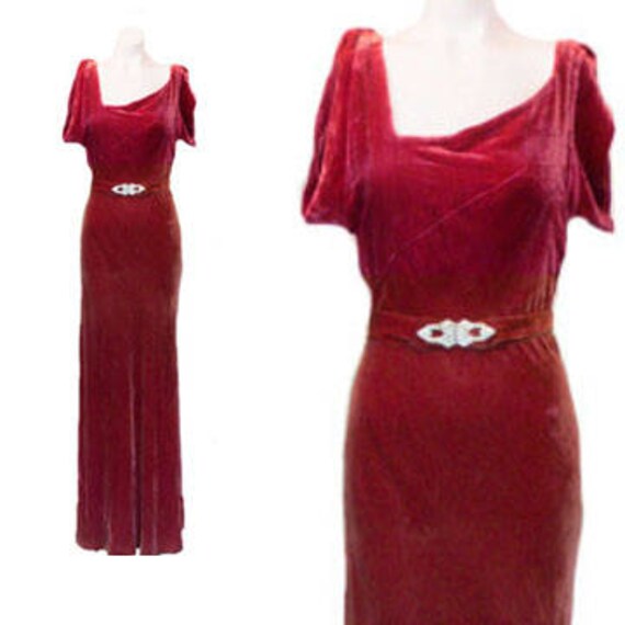 Gown 1930's Silk Bias Cut Velvet Dress, Cranberry
