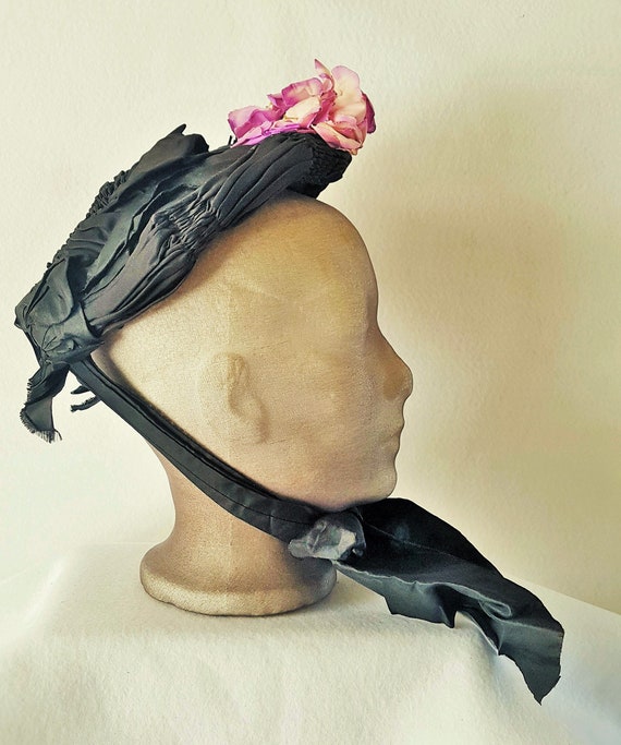 Bonnet Hat Victorian Edwardian Black Satin - image 5