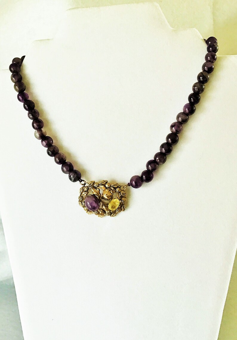 Necklace Choker Amethyst And Citrine Bead Genuine Jemstone Necklace Edwardian Lavalier Necklace