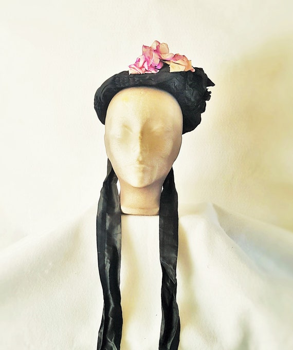 Bonnet Hat Victorian Edwardian Black Satin - image 4