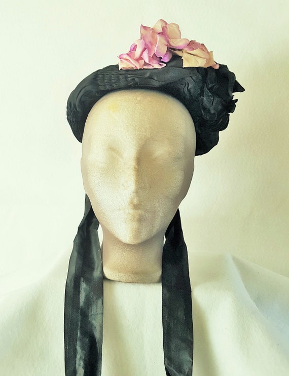 Bonnet Hat Victorian Edwardian Black Satin - image 3