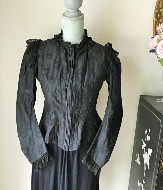 Victorian Waist, Jacket, Black Figured Cotton Mou… - image 3