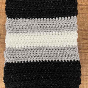 NEW! Hand crocheted scarf in black, gray and white stripes with metallic thread.