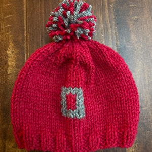 May include: Red knitted beanie with a gray pom pom and a gray letter D on the front.