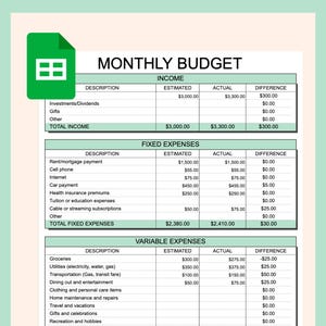Peut inclure: Une feuille de calcul de budget mensuel numérique avec des accents verts. La feuille de calcul est organisée en revenus, dépenses fixes et dépenses variables, avec des colonnes pour les montants estimés, réels et de différence.