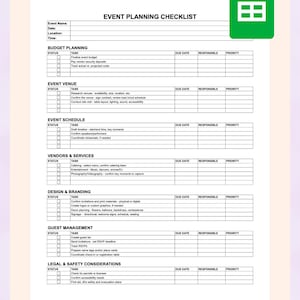 Op de afbeelding: Een sjabloon voor een evenementenplanning checklist met secties voor budgetplanning, evenementenlocatie, planning, leveranciers, ontwerp, gastenbeheer en juridische overwegingen. De checklist bevat velden voor vervaldatums, verantwoordelijken en prioriteiten.