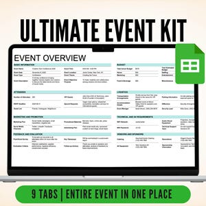 May include: A laptop screen displaying an Ultimate Event Kit spreadsheet with sections for event overview, attendees, budget, logistics, marketing, technical requirements, and vendors. A green spreadsheet icon is visible in the top right corner.