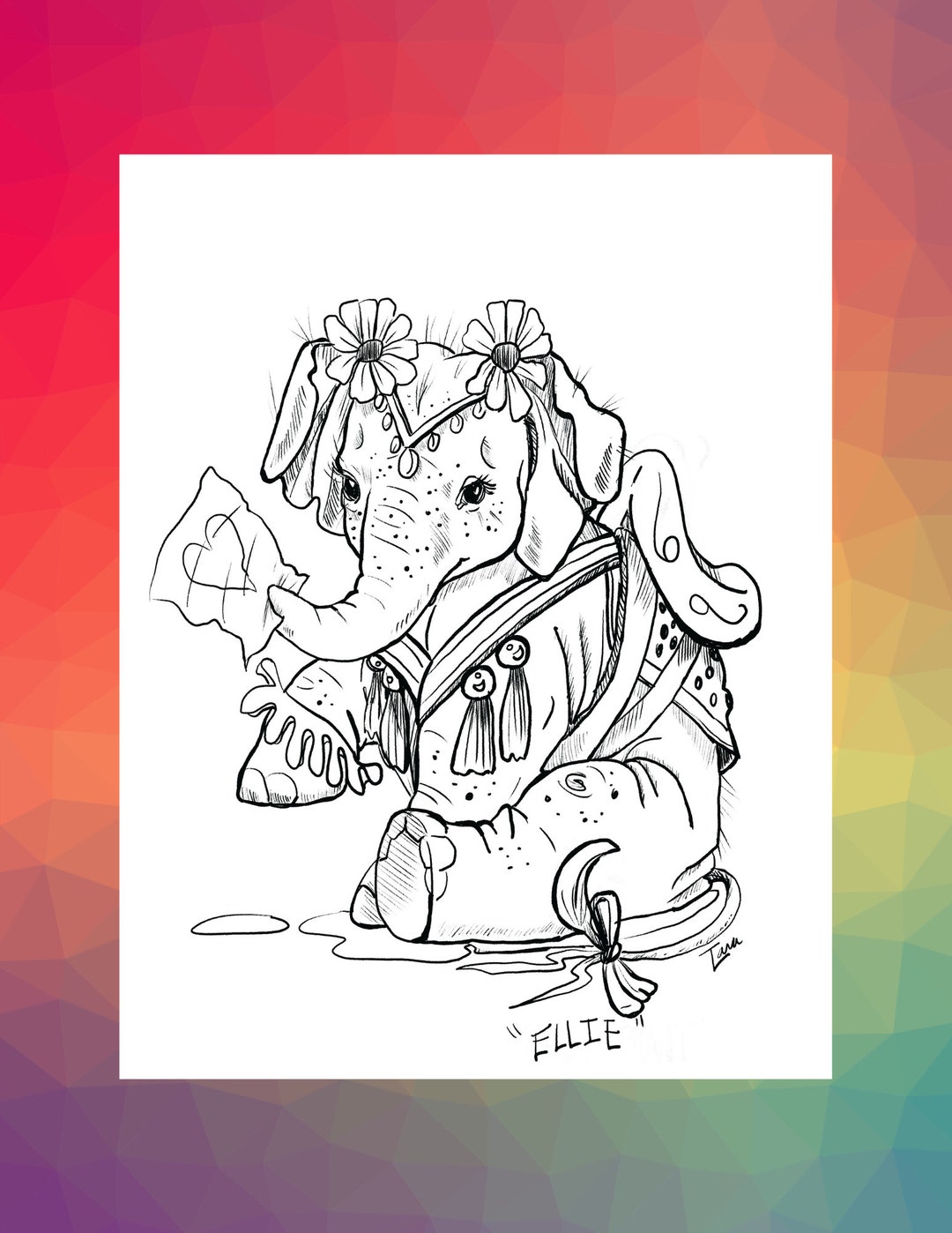 Ellie the Baby Elephant Hand Drawn-no Ai-coloring Page DIGITAL Download ...