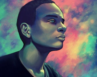 May include: A digital painting of a person with a dark complexion, wearing a black t-shirt, against a colorful background of pink, blue, and green.