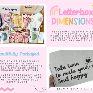 Pu&ograve; includere: Una scatola regalo adatta alle cassette postali, piena di vari articoli, tra cui prodotti da bagno, candele e un piccolo peluche. La scatola &egrave; decorata con un motivo a zig-zag rosa e bianco e il testo "Prenditi il ​​tempo per rendere la tua anima felice". La scatola misura 33 cm x 23 cm x 2,5 cm.